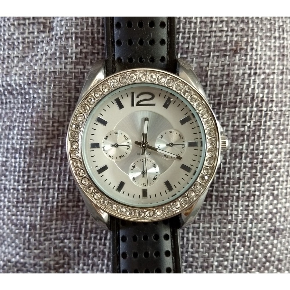 Accutime Embellished Bezel Watch Stainless Steel Case 3 SubDials Black Strap NEW